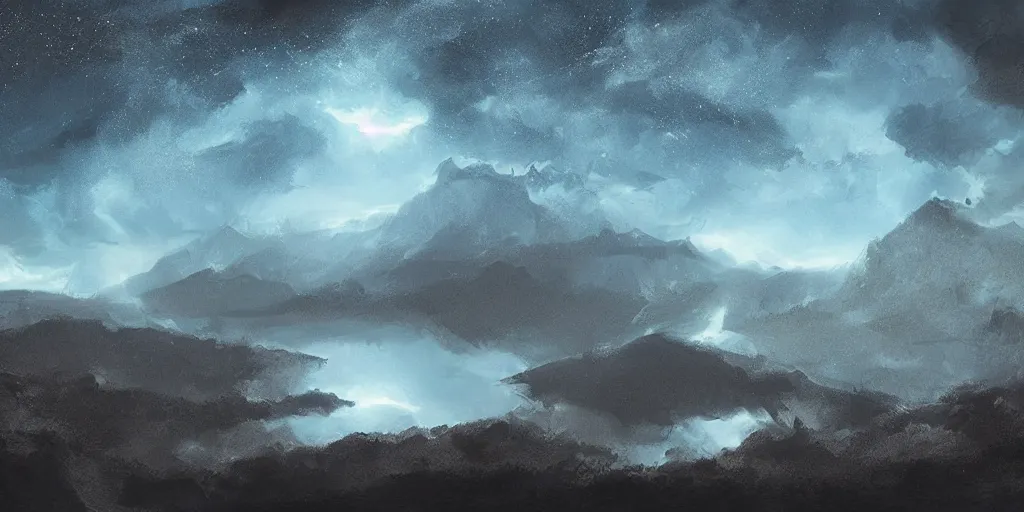 Image similar to digital art, trending on artstation, a mountainous landscape with a lake filled with stars at the bottom, with the sky full of clouds and storm