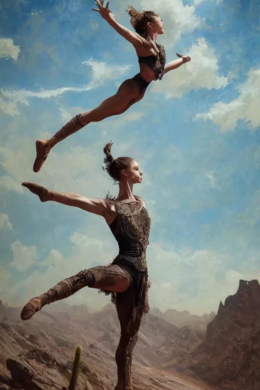 Image similar to a full body portrait of a beautiful post apocalyptic offworld desert gymnast leaping in ballet dance pose by the emerald oasis pools, intricate, elegant, highly detailed, digital painting, artstation, concept art, smooth, sharp focus, illustration, art by krenz cushart and artem demura and alphonse mucha