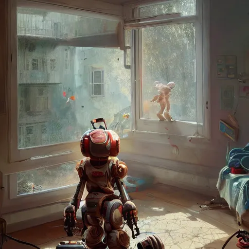 Image similar to a kid fixing his broken robot in his room, au naturel, hyper detailed, digital art, trending in artstation, cinematic lighting, studio quality, smooth render, unreal engine 5 rendered, octane rendered, art style by klimt and nixeu and ian sprigger and wlop and krenz cushart