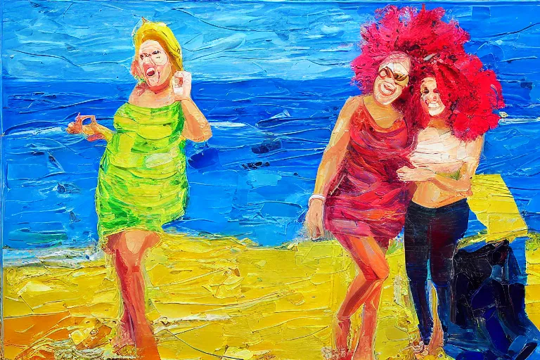 Prompt: happy Kate Pierson and Cindy Wilson on the beach painted with a palette knife, thick impasto