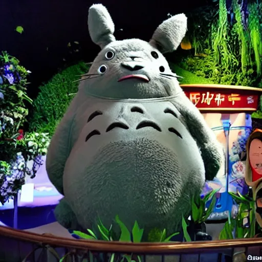 Prompt: photo of a totoro animatronic on disney's it's a small world ride