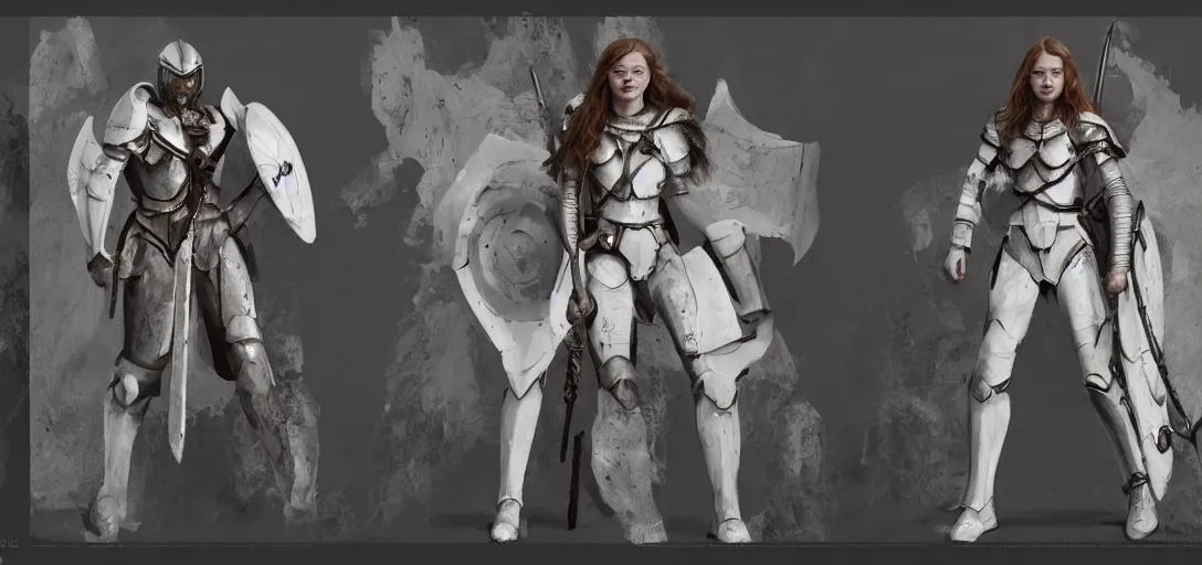 Prompt: character sheet concept art of sadie sink as a spartan - iii in white armor, realistic, hyperrealistic, photographic, costume, wlop, dan mumford, greg rutkowski, high detail, octane render, alexander mcqueen, james gurney, james jean, mucha, photo, 8 k, intricate