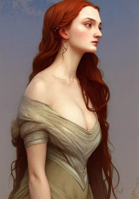 Prompt: sansa with long big nose, intricate, elegant, highly detailed, digital painting, artstation, concept art, smooth, sharp focus, illustration, art by artgerm and greg rutkowski and alphonse mucha and william - adolphe bouguereau
