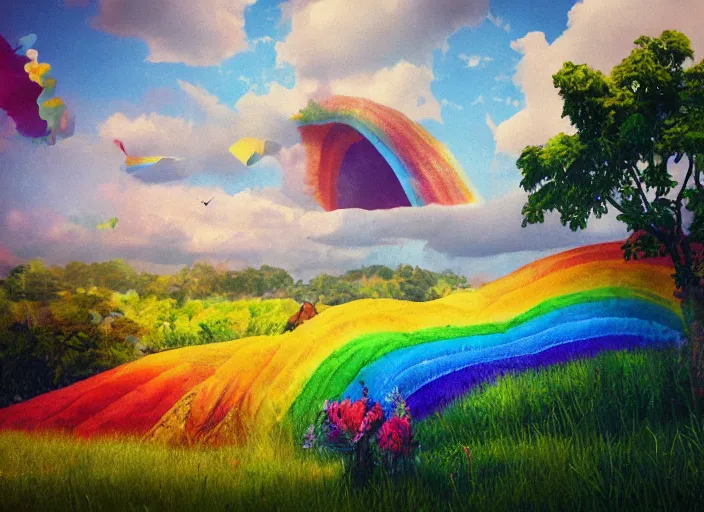 Image similar to 🌈🌻, lowbrow inthe style of camille rose garcia, matte painting, 8 k,