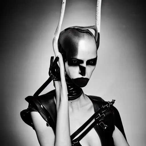 Image similar to fashion photography of an extraterrestrial model, holding a leather whip, wearing demobaza fashion, inside berghain, berlin fashion, harness, futuristic fashion, dark minimal outfit, photo 3 5 mm leica, hyperdetail, berghain, 8 k, very detailed, photo by nick knight