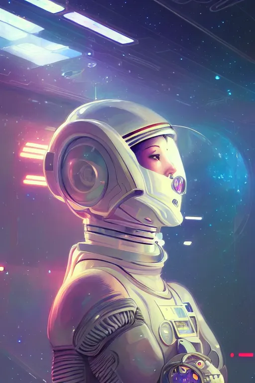 Image similar to portrait armored astronaut girl, inside spaceship command room viewing galaxy, ssci-fi neon light effect flushing and fantasy, intricate and very very beautiful and elegant, highly detailed, digital painting, artstation, concept art, smooth and sharp focus, illustration, art by tian zi and WLOP and alphonse mucha