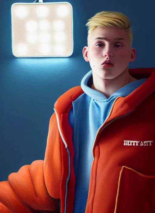 Image similar to portrait of high school senior boy named big moose, blonde short hair, jock, beefy, wide face, square jaw, square facial structure, blue varsity jacket with letter r, intricate, elegant, glowing lights, highly detailed, digital painting, artstation, concept art, sharp focus, illustration, art by wlop, mars ravelo and greg rutkowski