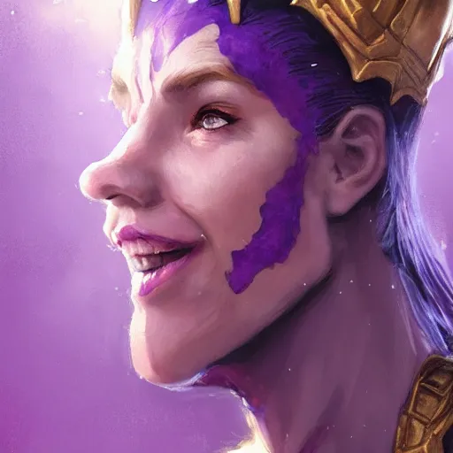 Image similar to thanos as an attractive young smiling woman wearing a mushroom crown and heavy armoured wedding dress, face portrait, hd shot, digital portrait, beautiful, fantasy art, artstation, comic style, by artgerm, guy denning, jakub rozalski, magali villeneuve and charlie bowater