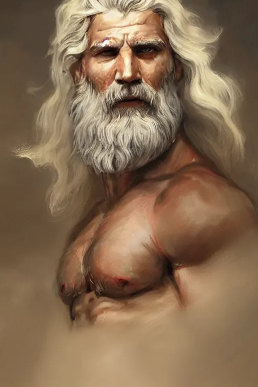 Image similar to painted portrait of rugged zeus, god of thunder, greek god, white hair, masculine, mature, handsome, upper body, muscular, hairy torso, fantasy, intricate, elegant, highly detailed, digital painting, artstation, concept art, smooth, sharp focus, illustration, art by gaston bussiere and greg rutkowski