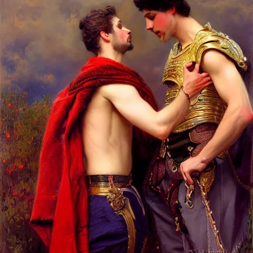 Prompt: attractive fully clothed king confesses his love for his attractive fully clothed male prince. highly detailed painting by gaston bussiere, craig muler, j. c. leyendecker 8 k