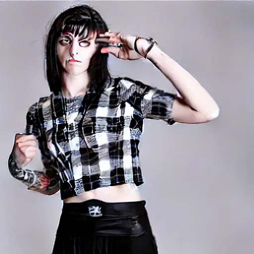 Prompt: female model teenage punk rock photography plaid skirt band shirt