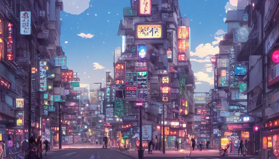 Image similar to A highly detailed matte painting of a tokyo street with a bright shimmering sky by Studio Ghibli, Mokoto Shinkai, by Artgerm, by beeple, volumetric lighting, octane render, 4K resolution, trending on artstation, vivid colours