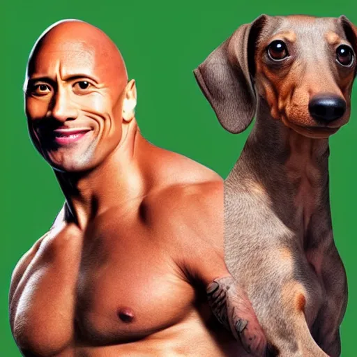 Image similar to Dwayne The Rock Johnson's head on the body of a dachshund