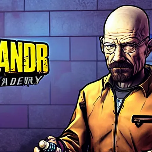 Prompt: Walter White as a Borderlands 2 character, drug dealer, game box cover art