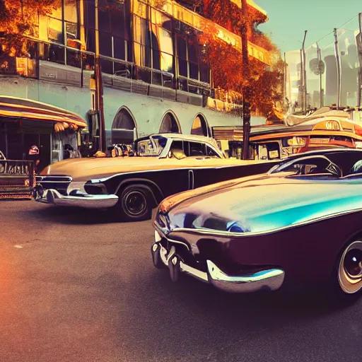 Image similar to parked retro futuristic vintage shiny polished cars and motorcycles at a bar, volumetric lighting, beautiful, day time, summer, sunny weather, sharp focus, highly detailed, cgsociety