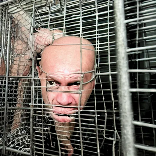 Prompt: bald white man dressed in a gorilla suit in a cage