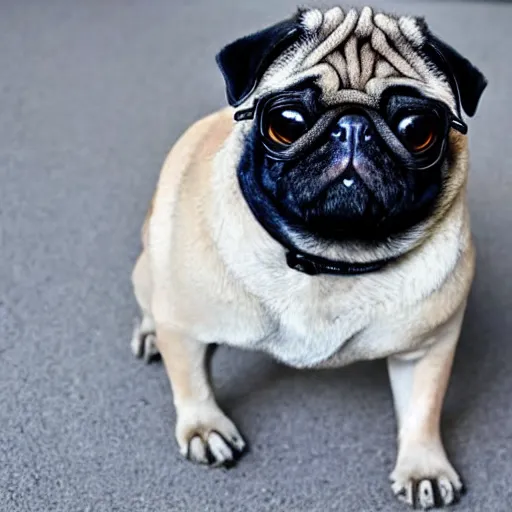 Image similar to a pug wearing a VR headset. Photorealistic.