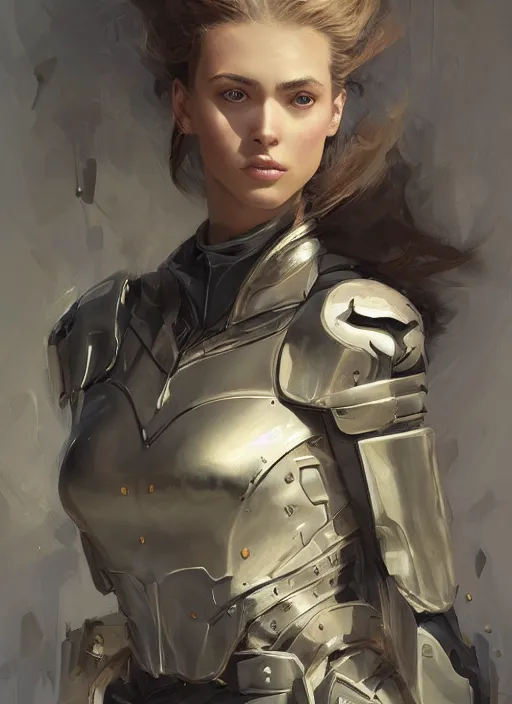 Image similar to a professional painting of a beautiful young female, clothed in military armor, olive skin, long dark hair, beautiful bone structure, symmetrical facial features, intricate, elegant, digital painting, concept art, smooth, sharp focus, illustration, from Metal Gear, by Ruan Jia and Mandy Jurgens and Artgerm and William-Adolphe Bouguerea