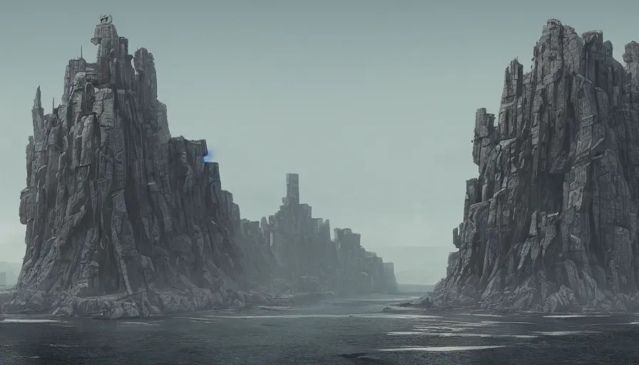 Prompt: big brutalist base on cliffs, artificial intelligence, jama jurabaev, greig fraser, roger deakins, cinematic shot, trending on artstation, high quality, brush stroke