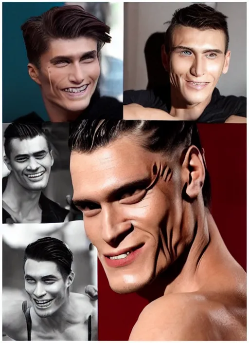 Image similar to Handsome Frankenstein, smooth skin, young man, masculine, strong cheekbones, charming smile, gorgeous