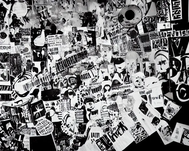 Prompt: paper mache diorama of a stage at a club, punk fanzine cut outs, centered, by Terry Richardson, 8k, concert documentary, b&w photography, cinematography by Jim Jarmusch