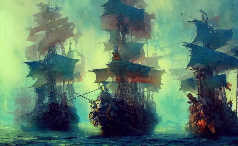 Image similar to pirate galleon fleet. intricate, amazing composition, colorful watercolor, by ruan jia, by maxfield parrish, by marc simonetti, by hikari shimoda, by robert hubert, by zhang kechun, illustration, gloomy, volumetric lighting, fantasy