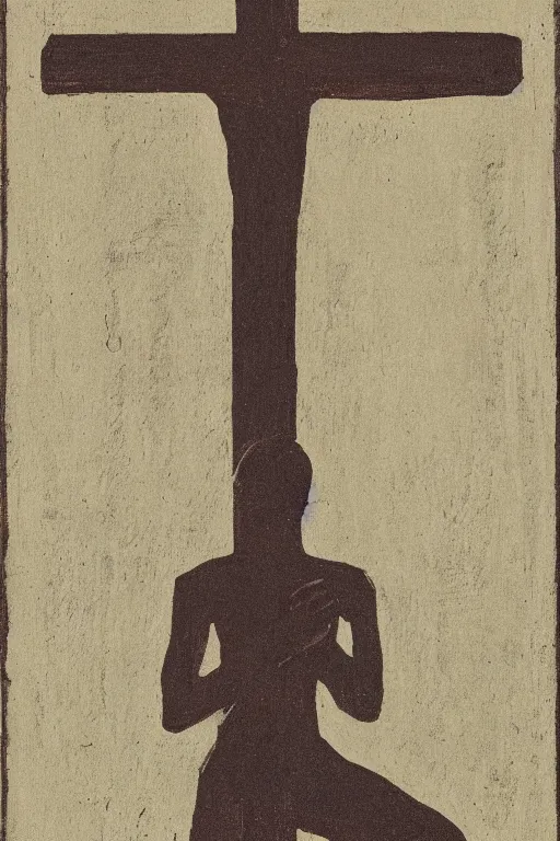 Image similar to man kneeling on the ground in front of a wooden cross, 1960’s minimalist advertising illustration, painterly, expressive brush strokes