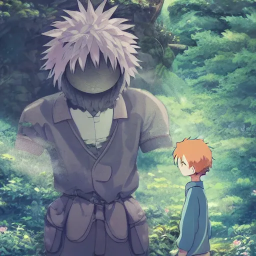 Image similar to friendly guy and small creature , with Fragile looking character made by Studio Ghibli highly detailed art, beautiful scene, sharp focus, smooth, High contrast, depth of field, 8k, anime art