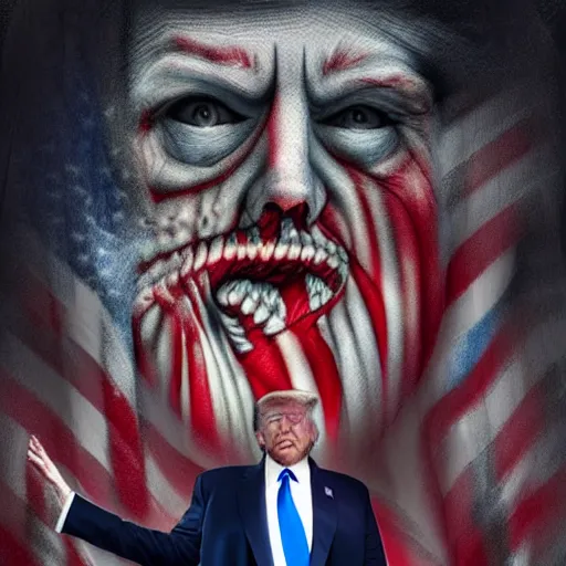 Prompt: trump and flag scariest horror nightmare by junji ito, digital art, deepdream cosmic, 3 d high definition, trending on artstation, photorealistic, high resolution, 8 k, octane, hyper detailed, trending on deviantart insane details, intricate, elite, ornate, elegant trend, highly detailed and intricate, sharp focus, photography, unreal engine