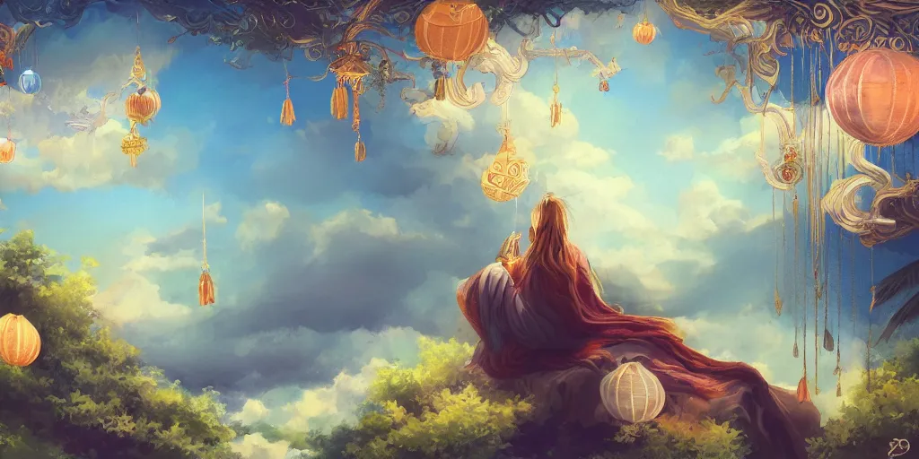 Image similar to painting of wind god enjoying the view from his heavenly palace, decorated with windchimes and paper lanterns, nature and clouds in background, digital art, artstation