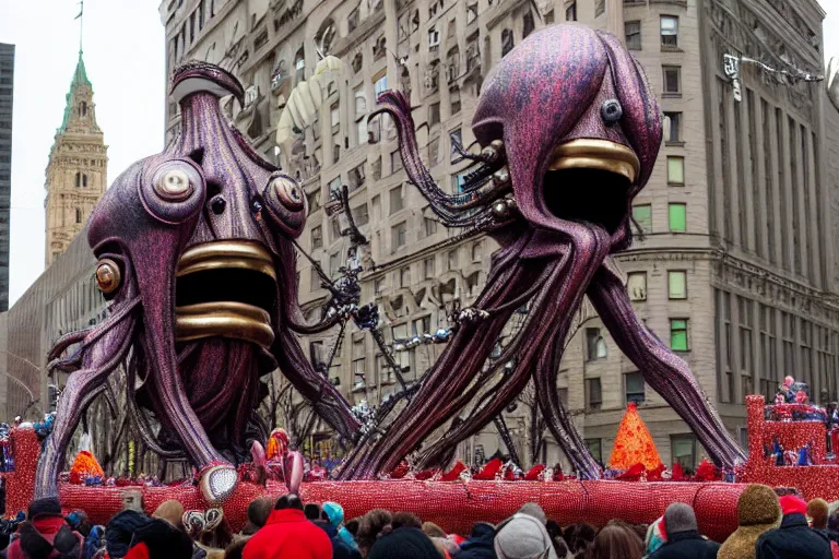 Image similar to photo of giant beautiful elaborate parade float character designed by giger and wes anderson!!!!!!!!!!!!!!, in the macys parade, detailed 4 k photo,