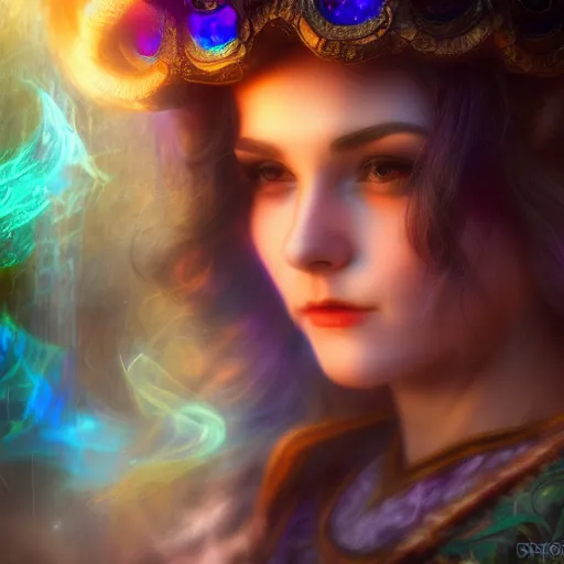 Prompt: beautiful female mage is impressed while looking at the camera , comedy , fantasy, D&D, HDR, natural lighting , award winning photograph, 8k, Mucha style,