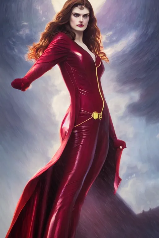 Prompt: alexandra daddario as scarlett witch cosplay, realistic portrait, symmetrical, highly detailed, digital painting, artstation, concept art, smooth, sharp focus, illustration, cinematic lighting, art by artgerm and greg rutkowski and alphonse mucha