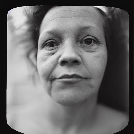 Image similar to photo of Leslie by Diane Arbus, extreme closeup, black and white, high contrast, Rolleiflex, 55mm f/4 lens