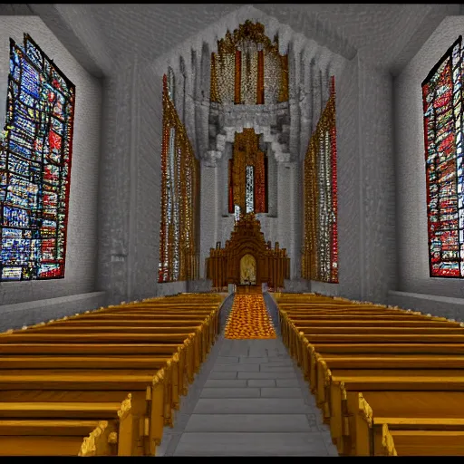 Prompt: inside a large church cathedral for a blood god built in minecraft, ornate, fancy, gloomy