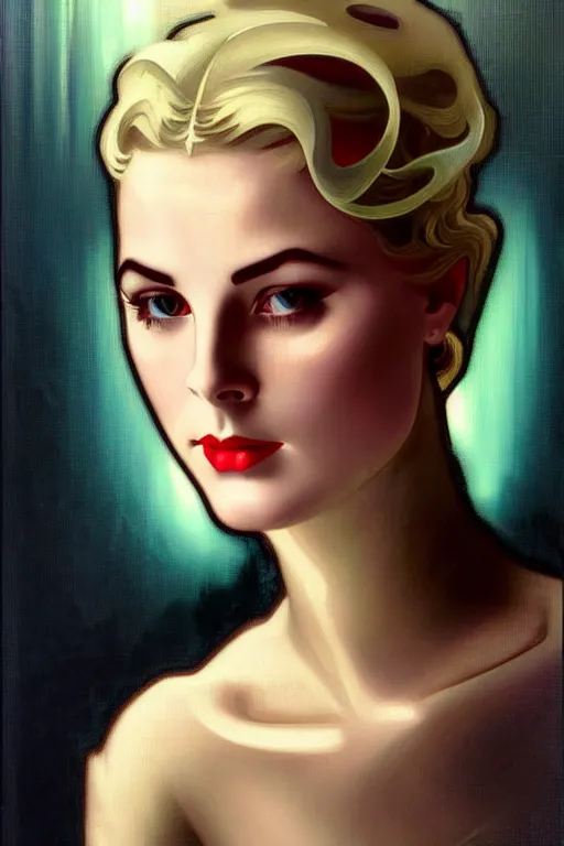 Prompt: young and beautiful evil cyborg grace kelly by steichen in the style of tom bagshaw, alphonse mucha, gaston bussiere, cyberpunk. anatomically correct elegant cybernetic body mods. extremely lush detail. masterpiece. melancholic scene infected by night. perfect composition and lighting. sharp focus. high contrast lush surrealistic photorealism. sultry evil plan.