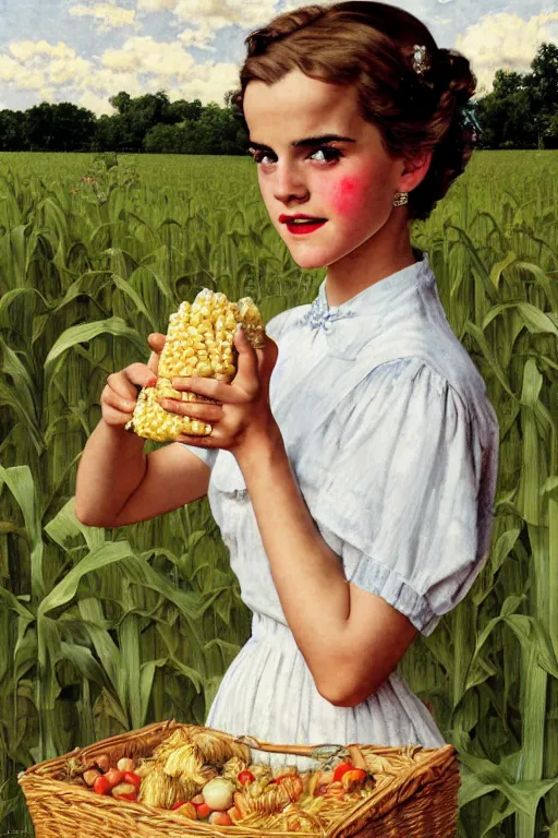 Image similar to photo photorealistic portrait photograph Emma Watson picnic in a corn field 1950s portrait by Norman Rockwell