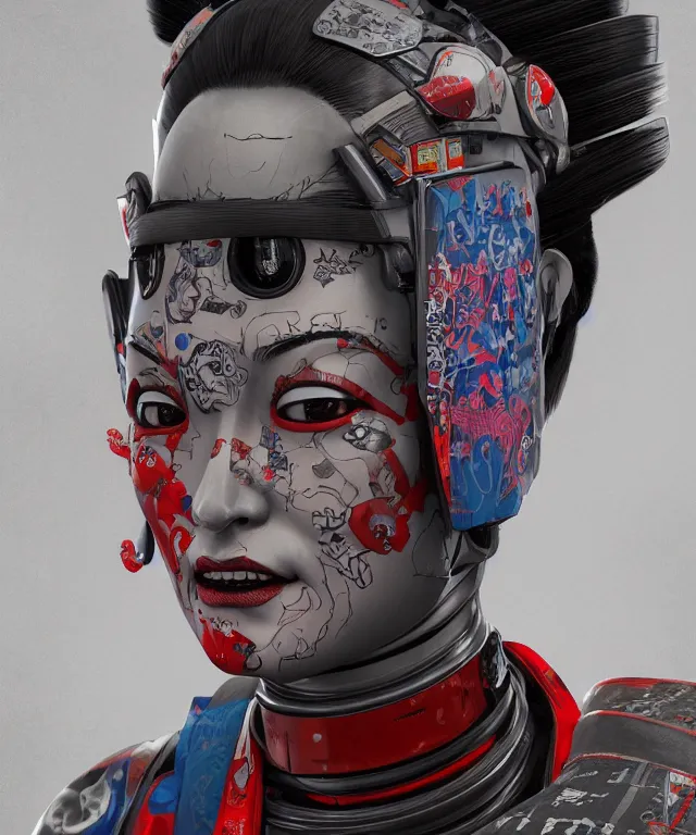 Image similar to an epic fantastic realism comic book style portrait painting of a japanese robotic geisha with kanji tattoos and decals, apex legends, octane render, intricate detail, 4 k hd, unreal engine 5