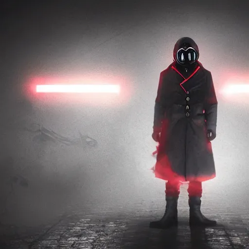 Image similar to hooden villain wearing a gas mask with red goggles, kamen rider, smoke coming out of his body and coat, dark background, in a dark alley, unreal engine 5, ultra realistic, detailed, fog, volumetric lighting, by greg rutkowski,