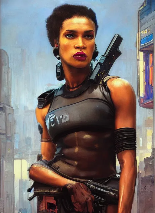 Image similar to Juliana Igwe. Buff Cyberpunk policewoman with robotic stilt legs. (Cyberpunk 2077, bladerunner 2049). gorgeous face. Patrolling at night. Iranian orientalist portrait by john william waterhouse and Edwin Longsden Long and Theodore Ralli and Nasreddine Dinet, oil on canvas. Cinematic, vivid colors, hyper realism, realistic proportions, dramatic lighting, high detail 4k