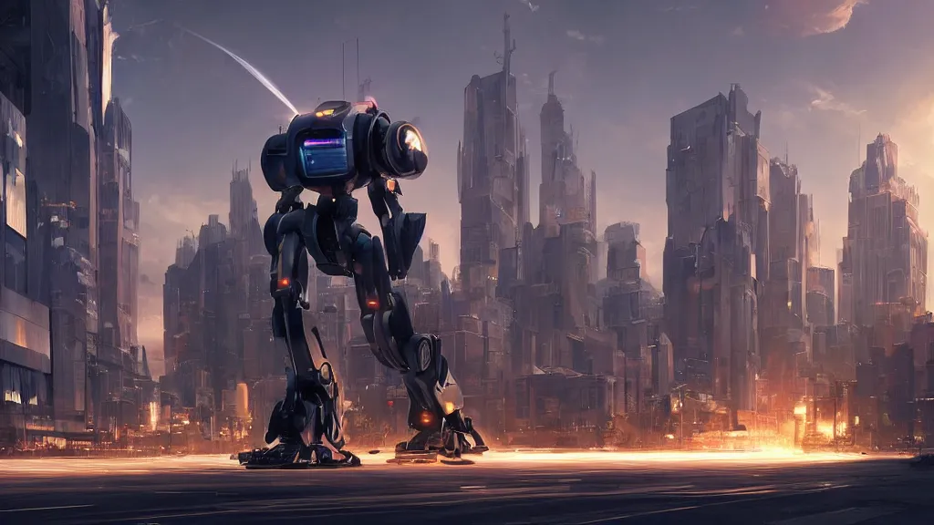 Image similar to Amazing photorealistic digital concept art of a guardian robot in a futurstic city, by James Clyne and Joseph Cross. Cinematic. LED lighting. A bright billowing explosion in the distance. Wide angle. Clean lines. Balanced composition.