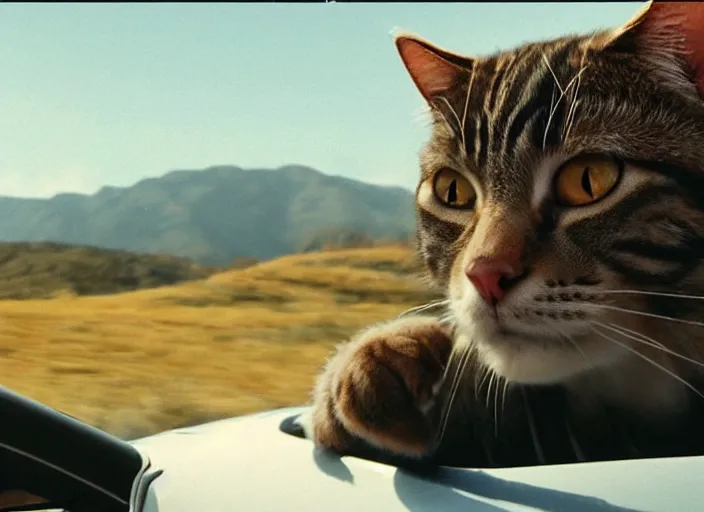 Image similar to A very high resolution image from a new movie, a cat driging around, inside of a car , mountains, Polaroid, directed by wes anderson