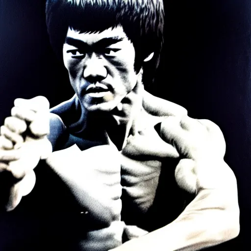 Prompt: portrait of bruce lee by frank frazetta, very detailed, 4 k