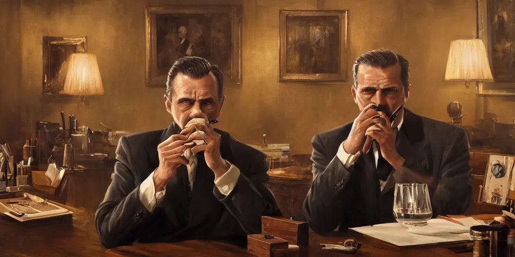 Image similar to beautiful oil matte portrait painting, mafia boss holding a cigar and drinking whiskey at his 5 0 s new york office desk, wonderful masterpiece highly detailed, beautiful cinematic light deep focus, elegant, digital painting, smooth, sharp focus, golden ratio, dramatic illumination, ultra realistic, 8 k, art by jimmy law