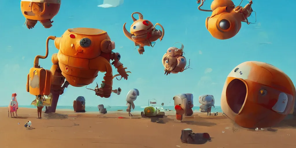Image similar to cute monsters on vacation at the beach by Goro Fujita and Simon Stalenhag , 8k, trending on artstation, hyper detailed, cinematic