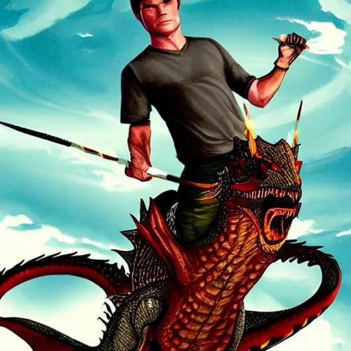 Prompt: dexter morgan riding a dragon, epic art