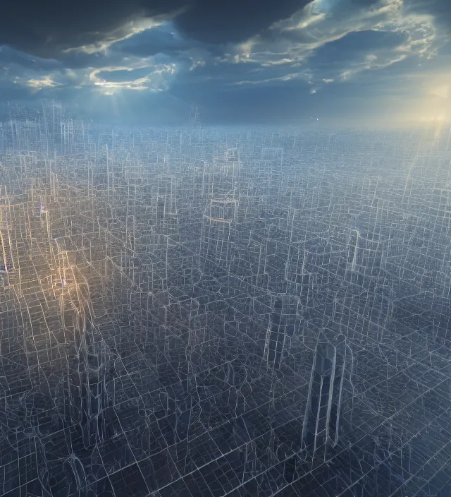 Image similar to a cityscape of crystallographic fractal architecture structures in a vast landscape, by glenn small, by albert bierstadt, by santiago calatrava, photorealism, octane render, unreal engine, volumetric light, depth of field, volumetric clouds, god rays, lens flares, detailed, intricate, digital art, twin motion, megascan, high resolution, aerial view