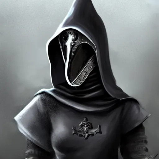 Image similar to female plague doctor donning a black hood, steel knightly armor and a white armored crow mask, trending on artstation