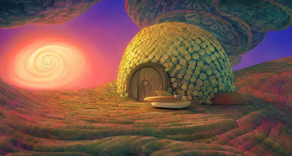 Image similar to digital painting of a tiny sacred spiral, procedural seashell house surrounded by dreamy coral, syd mead, cell shaded graphics, concept art, minimalist, golden ratio