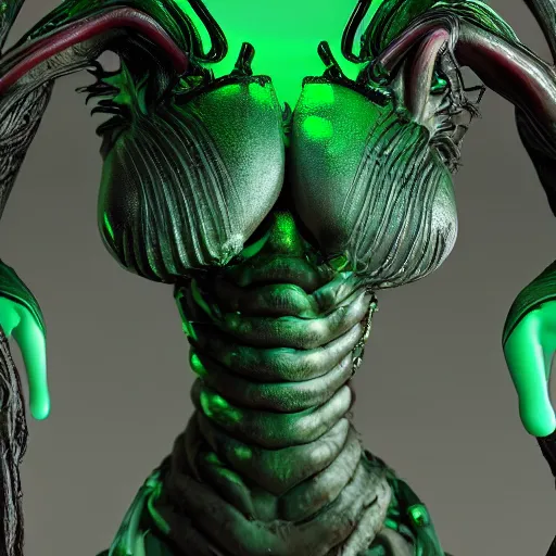 Prompt: xenomorph queen human hybrid, dragon eggs, dark emerald mist colors, giger void liminal backfill, realistic, award winning photograph, various refining methods, micro macro autofocus